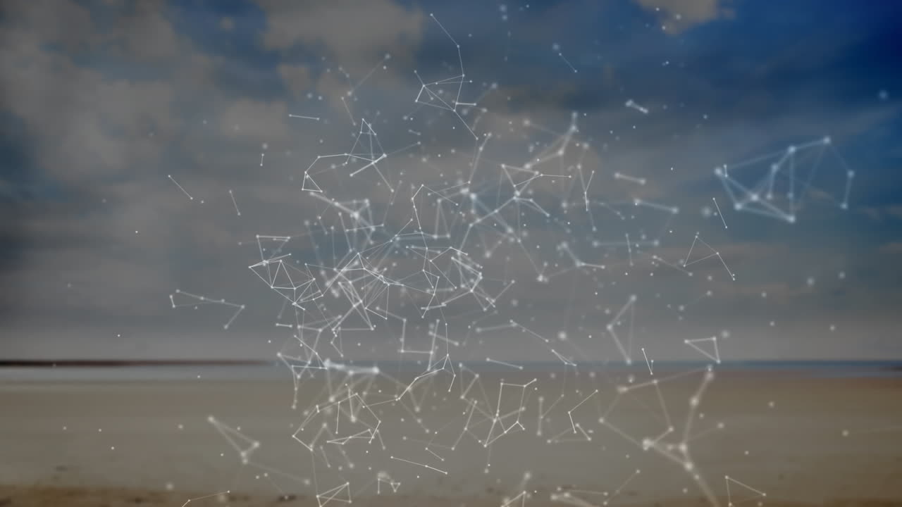 red de conexiones y animación de procesamiento de datos sobre el paisaje costero