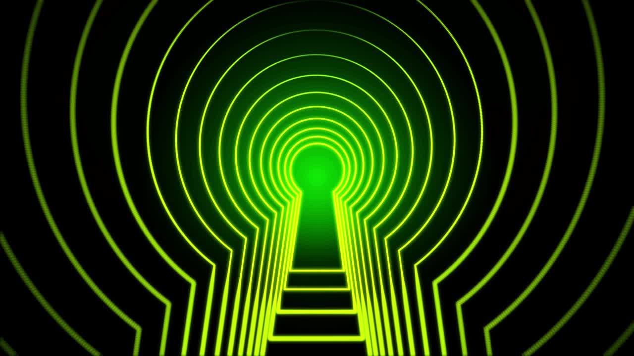 검은색 배경에 고립된 카메라를 향해 흐르는 녹색의 열 구의 추상적인 네온 실루. 애니메이션. 다채로운 반이는 잠금 프레임이 하나씩 움직이고, 원활한 루프.