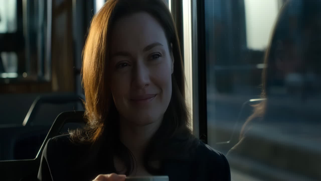 Donna che beve da una tazza durante il tragitto