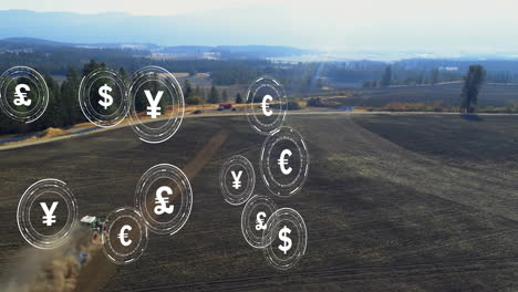 currency symbols animation over agricultural landscape with fields and machinery