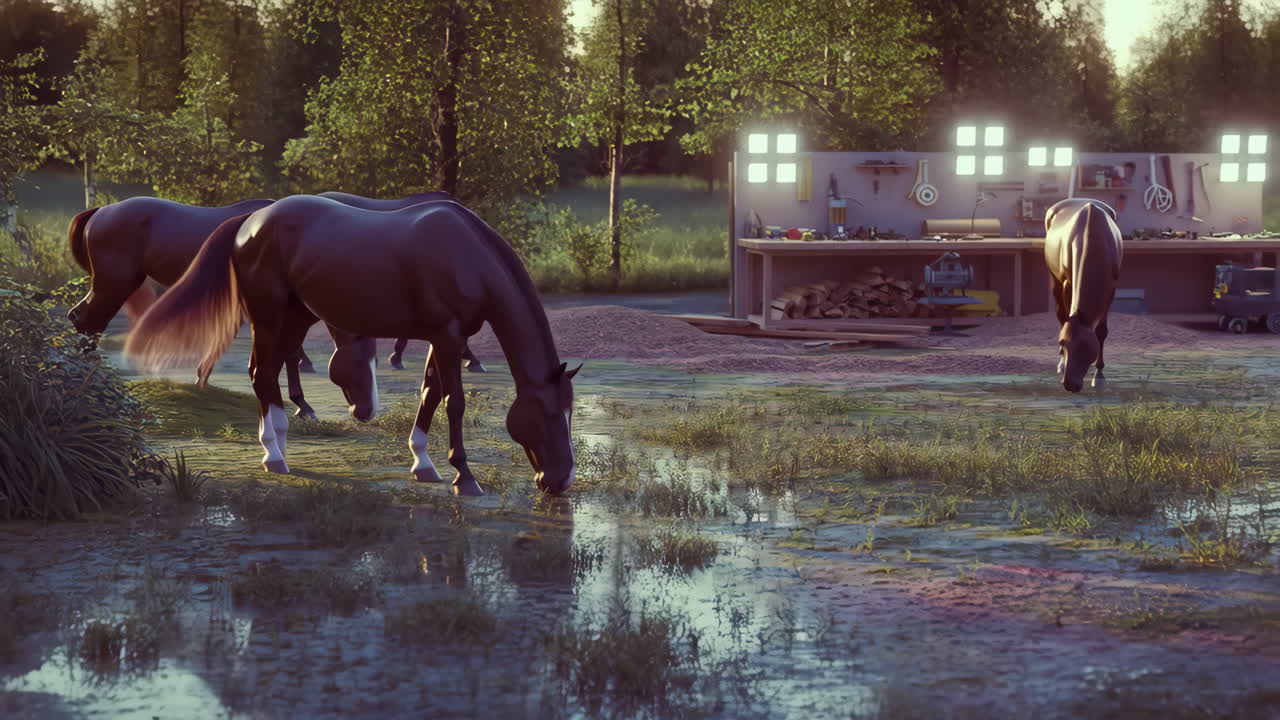 Horses Grazing by a Workshop in a Lush Landscape