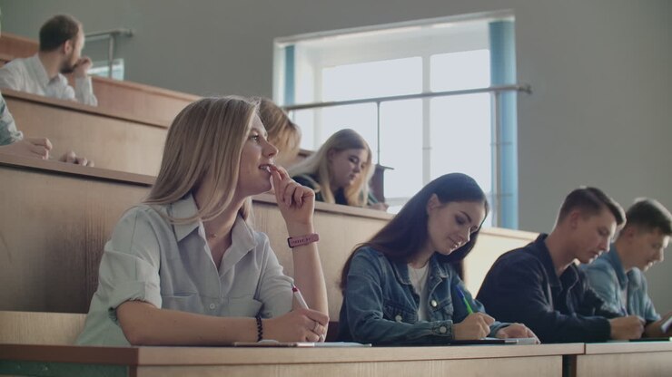 A group of male and female students write a lecture for the Professor. Listen and write the synopsis.