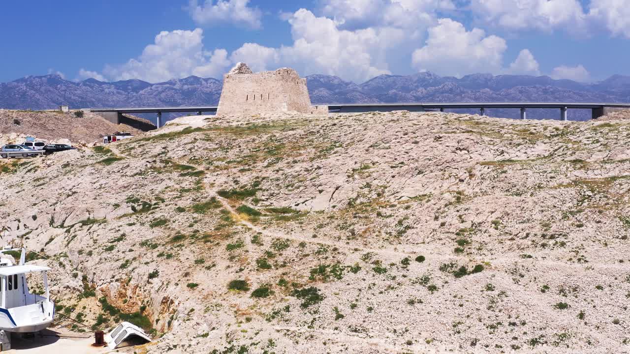 bridge connecting Island of Pag and mainland Crotia. beautiful mountains. Pedestal shot