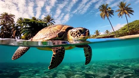 Underwater video of a sea turtle swimming near the surface
