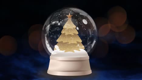 animación de estrellas cadentes y globo de nieve con árbol de navidad sobre fuegos artificiales en fondo oscuro