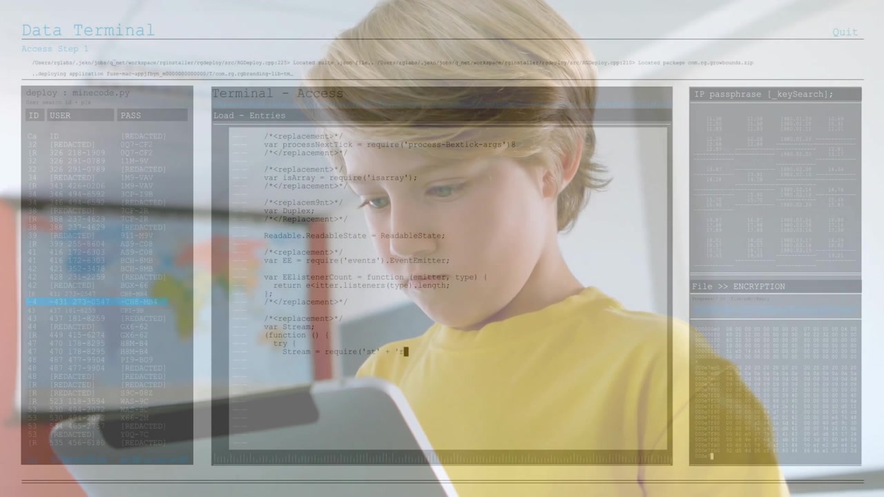 Boy holding tablet, tapping screen and loading animated user list and code console for tech demo