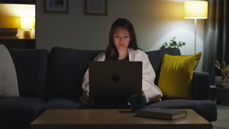 woman spending evening at home sitting on sofa with laptop computer looking at social media streaming or scrolling online 7