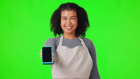 Machine,-face-and-woman-in-green-screen-for-cafe