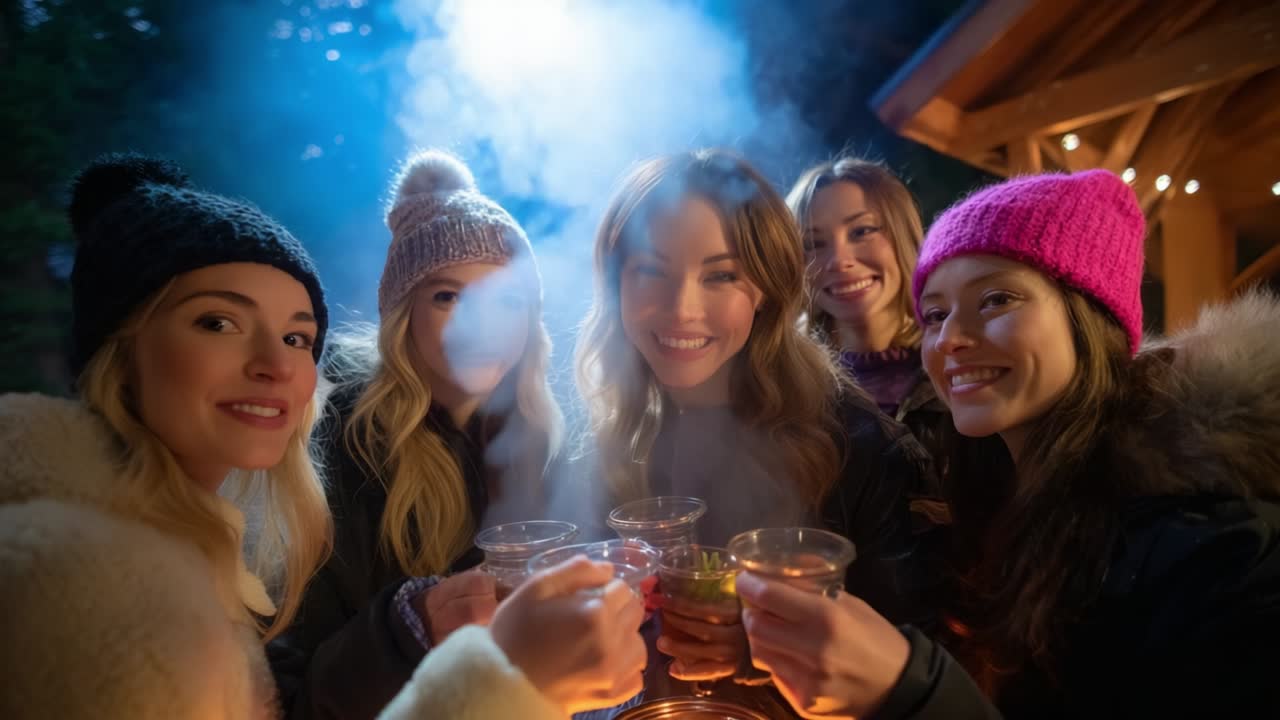 A Cozy Gathering of Friends Celebrating Together in a Beautiful Winter Setting, Enjoying Warm Beverages and Sharing Joyful Moments by a Smoky Fire Under the Dazzling Night Sky