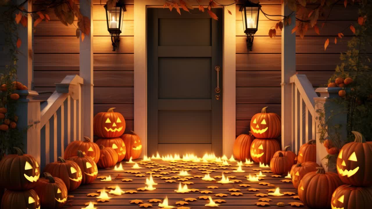 Un'accogliente scena di Halloween su un portico con zucche intagliate e foglie autunnali. Illuminazione calda, scattata dal basso