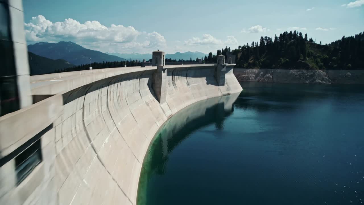 Panning drone capturing curved dam crest in mountain reservoir, revealing tower reflection