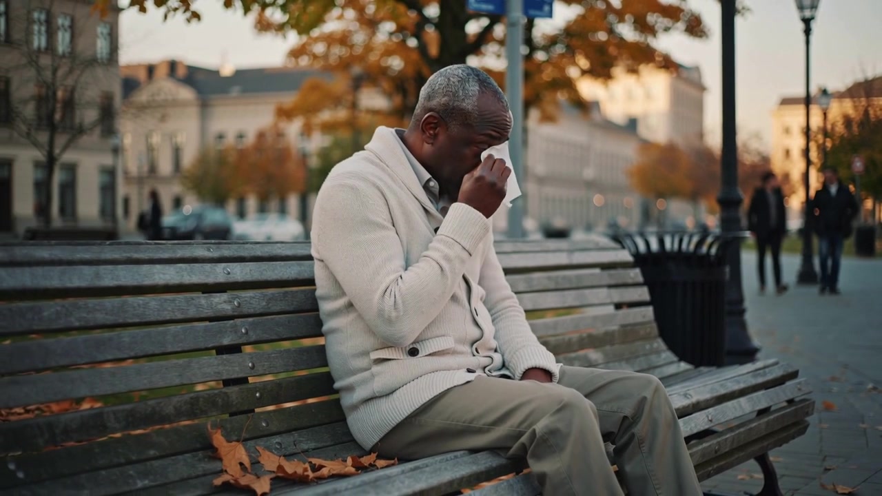 Adjusting cardigan, senior reaching pocket, checking phone, wiping eyes with tissue on park bench