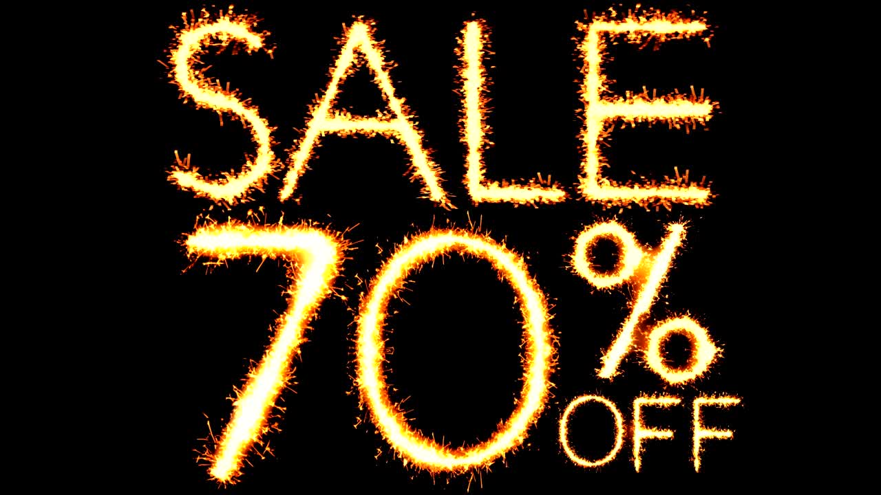 70% de descuento en texto, brillo, chispas, animación de bucle de fuegos artificiales.