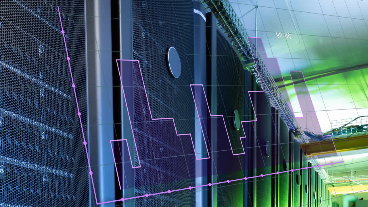 animación de gráficos y cambios de números en los racks de servidores de datos en la sala de servidores