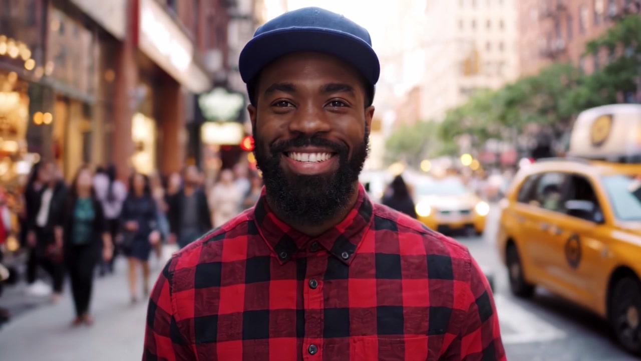 Urban Stroll: A Confident Man in a Flannel Shirt Walks Through a Bustling City Street Surrounded by People and Yellow Cabs, Capturing Vibrant City Life