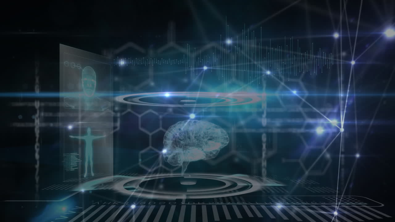 검은 바탕 위의 연결 네트워크와 의료 데이터 처리의 애니메이션