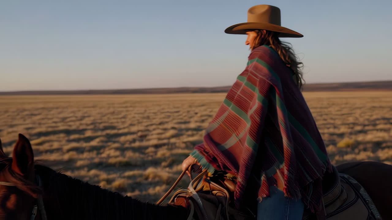 Woman in Hat and Striped Blanket in a Golden Field at Sunset