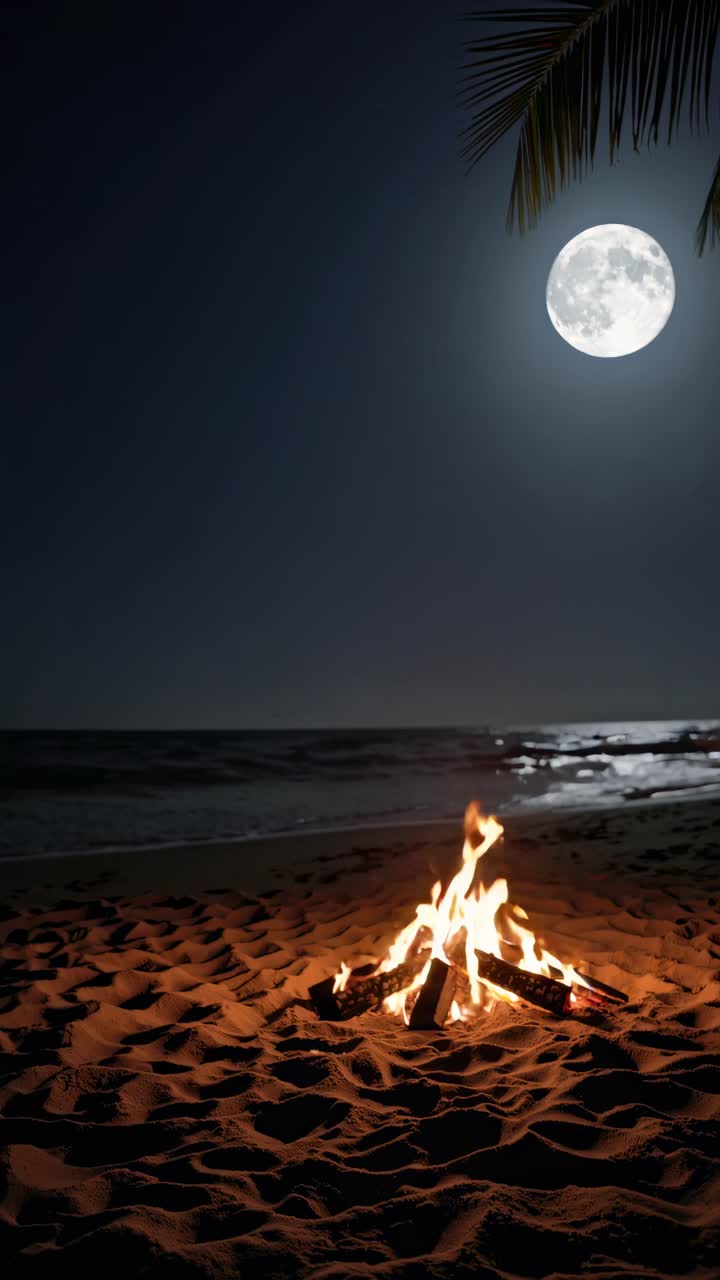 A serene beach bonfire under a full moon, captured from a low angle