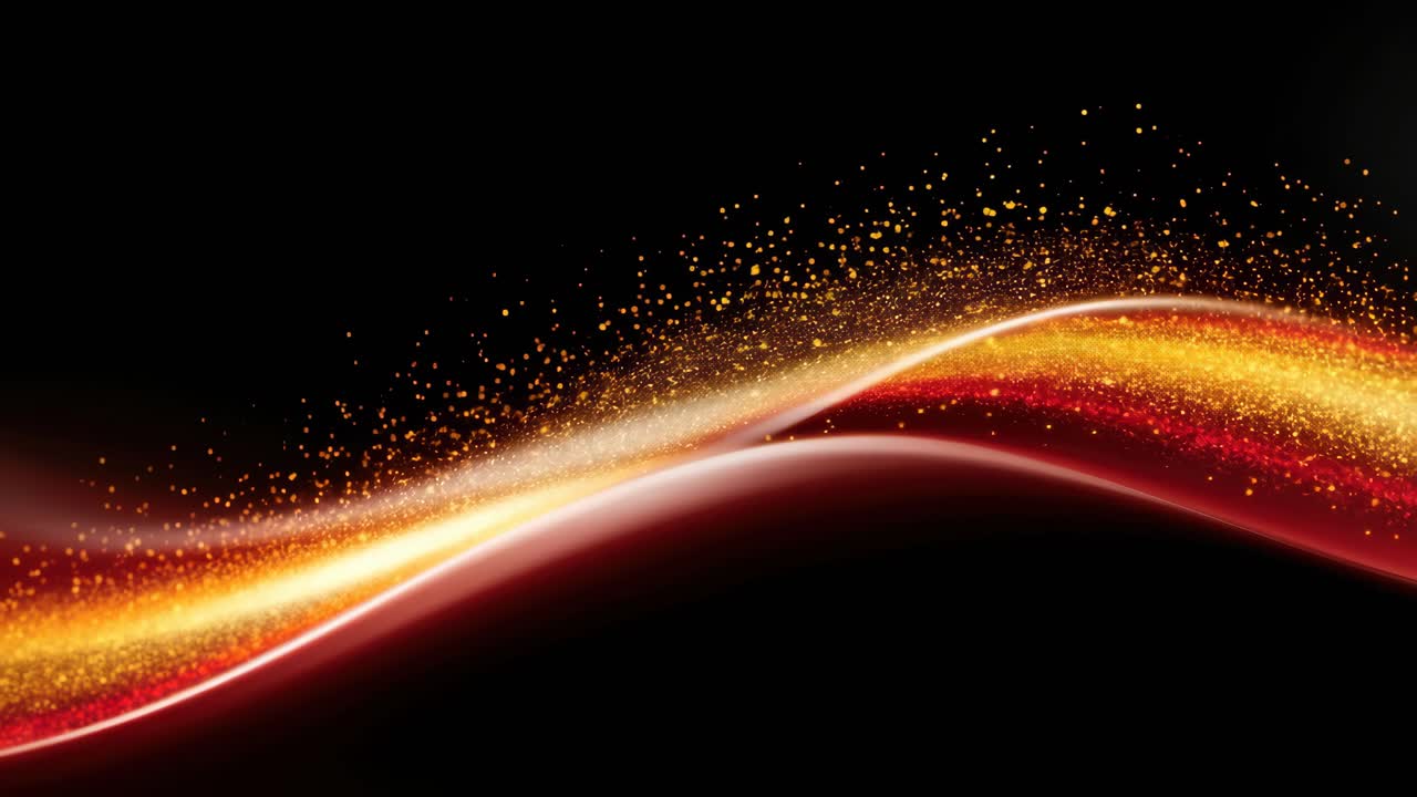 Dynamic wave of glowing particles on a black background, captured from a low-angle view