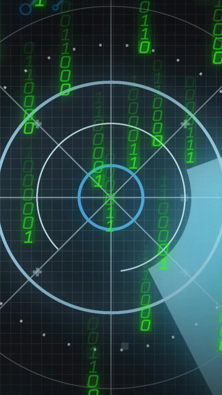 Video verticale: HUD radar che mostra una scansione blu che appare e ruota, frammenti verdi che cadono, rilevamento.