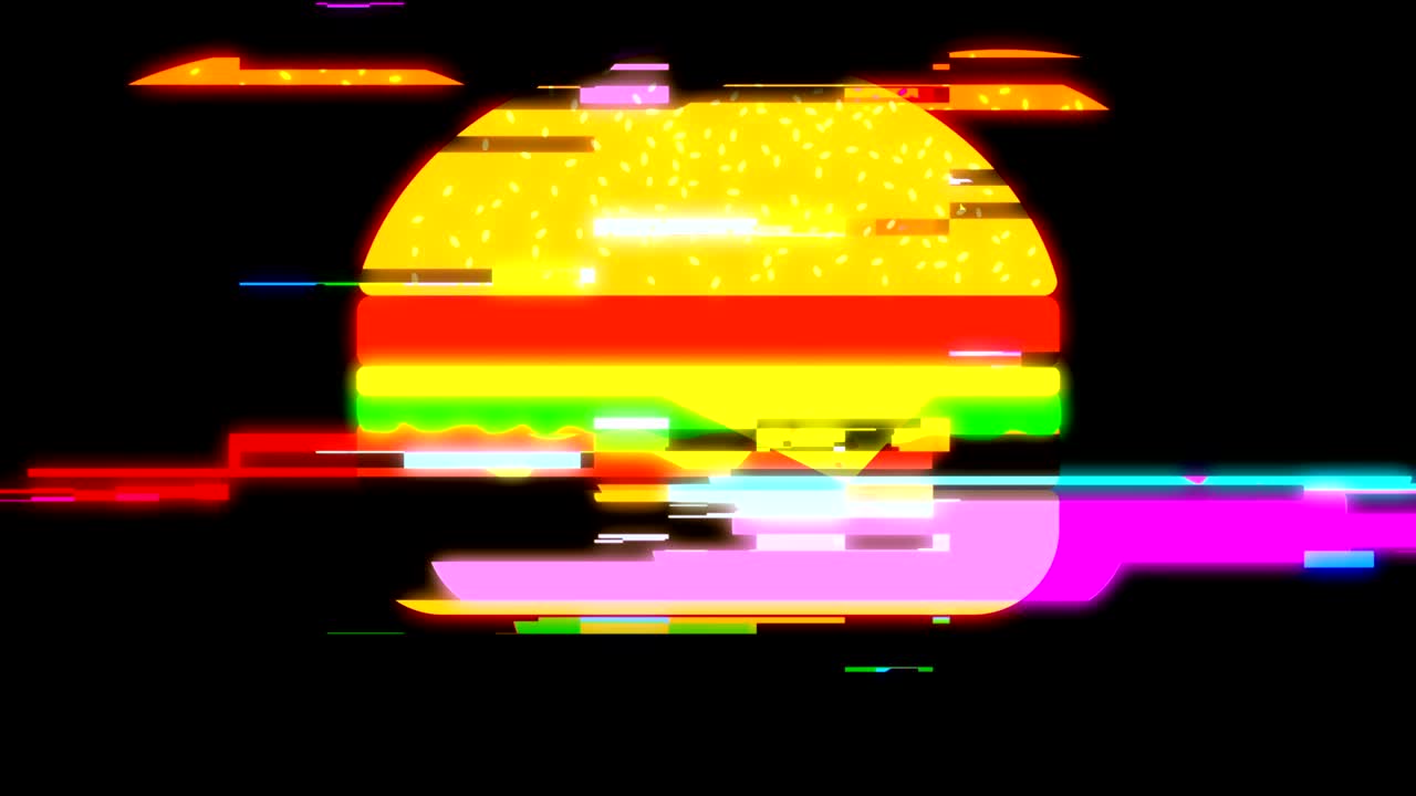 Animazione disegnata a mano con pennarello di un hamburger pixelato con effetto glitch, stile cartone animato, in loop continuo su sfondo schermo LCD. Filmato video di nuova qualità, universale, vintage, in stop motion, dinamico, animato, colorato, gioioso e accattivante.