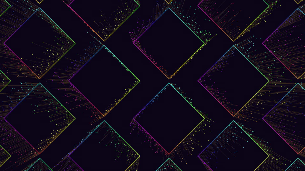 A vibrant and bold diamond-shaped geometric pattern composed of colorful lines against a dark backdrop, creating a visually striking and repetitive design