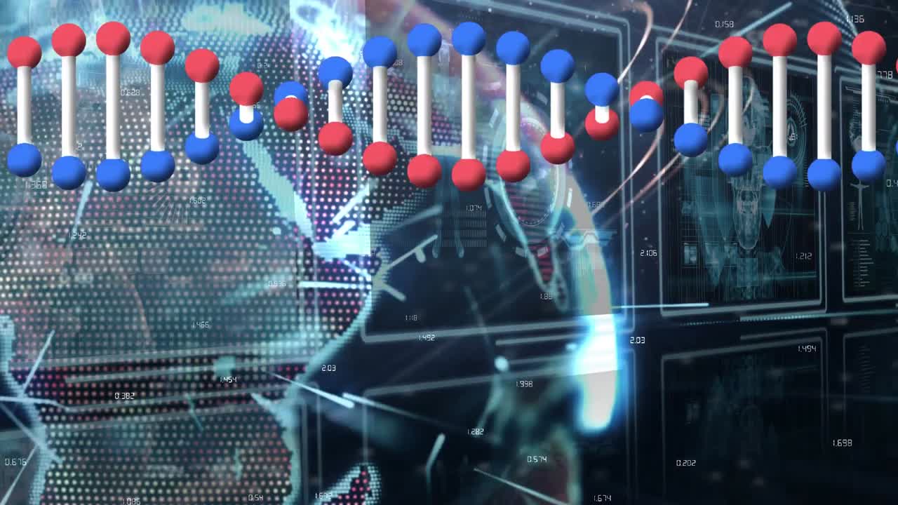 dna 사슬의 애니메이션이 회전하는 지구와 과학적 데이터로 화면에 있습니다.