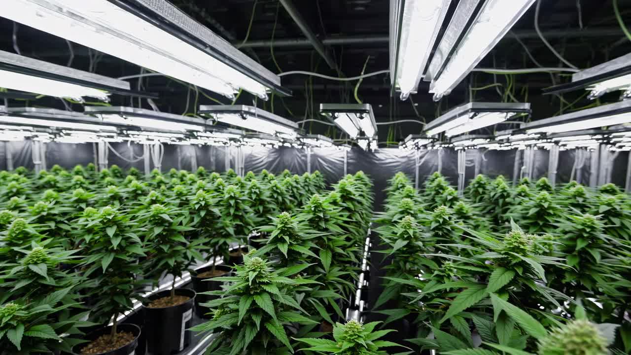 Wide-angle shot of a modern indoor cannabis farm, showcasing rows of plants under bright lights