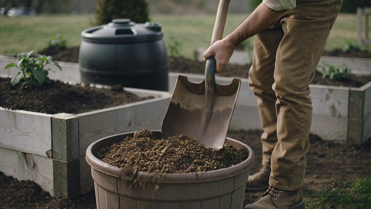 Inspecting compost, man in straw hat using metal shovel to mix compost in planter, copy space