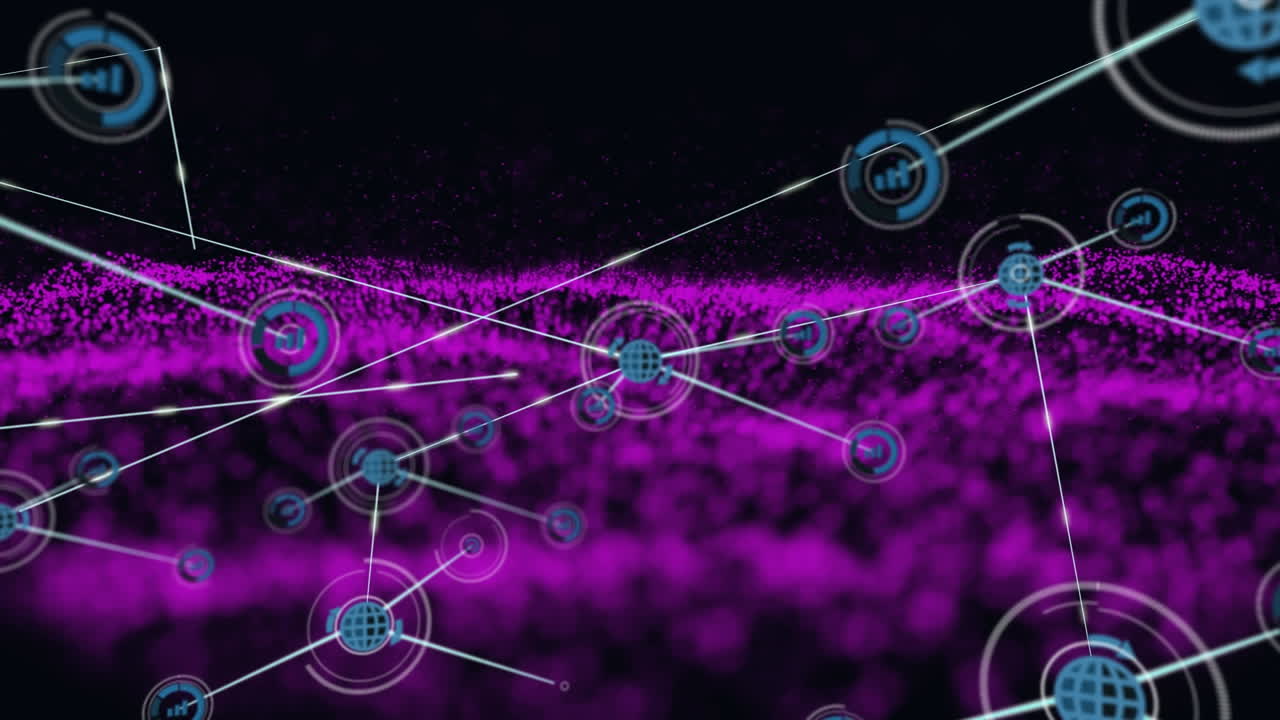 Animation of network of connections with digital icons over purple mesh