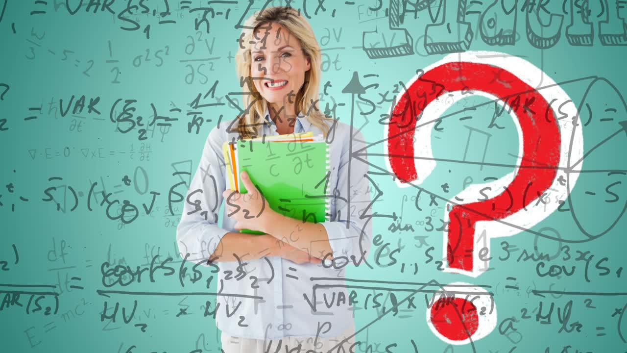 수학 방정식의 애니메이션과 백인 여성 교사에 대한 질문 표지