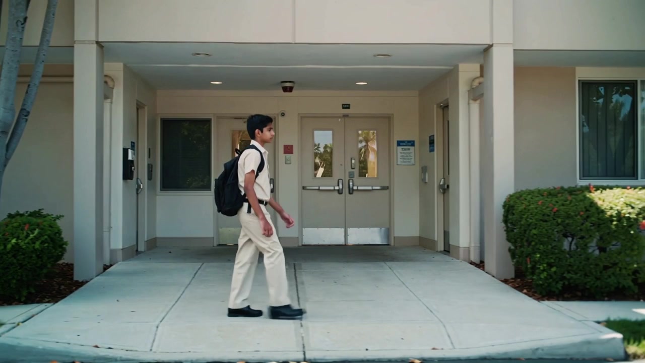 Entering frame teen student heading toward double doors carrying black backpack and passing hedges