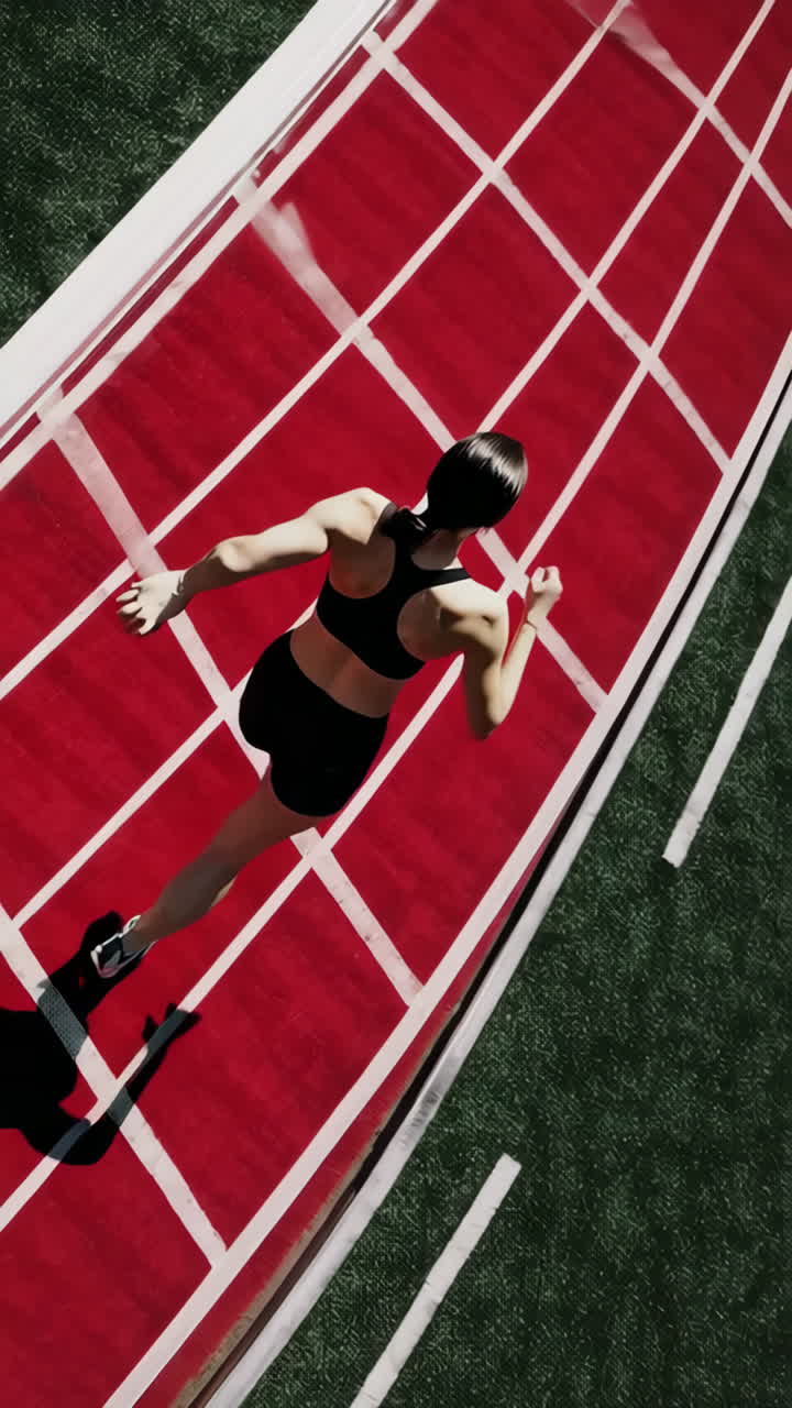 Overhead view of a female athlete running on a red track