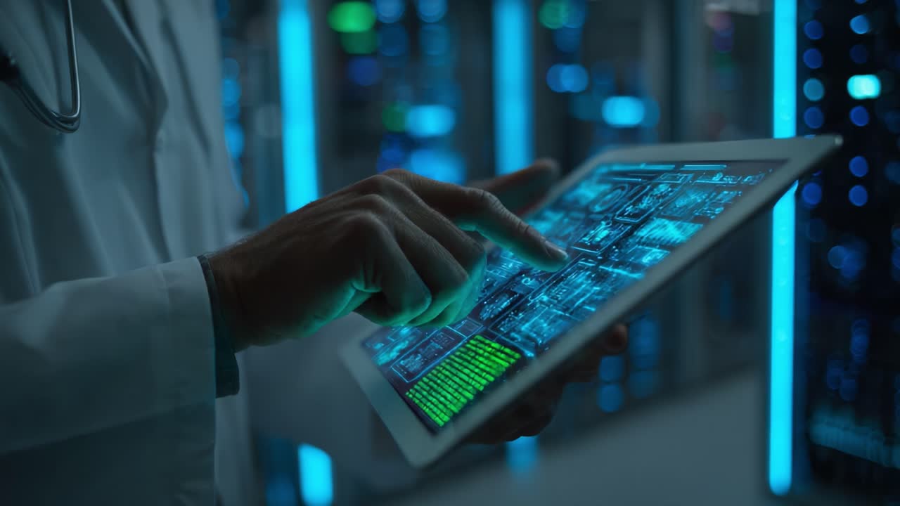 An Innovative Healthcare Professional Engaging with Advanced Technology and Data Analytics on a Tablet within a State-of-the-Art Server Room Environment
