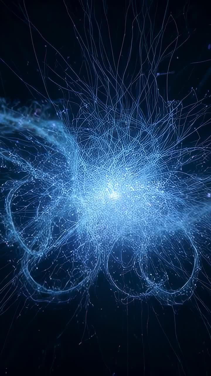 Video verticale: Avanzamento di fotogrammi che stimolano il nucleo blu nel vuoto oscuro, inviando viticci verso l'alto e proiettando granelli
