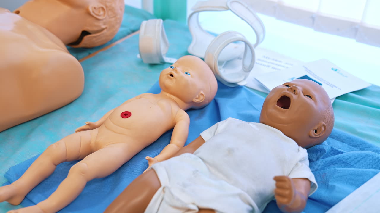 Infant dolls for medical experiences. Plastic baby models on the table in studying room for students in medical university. Close-up.