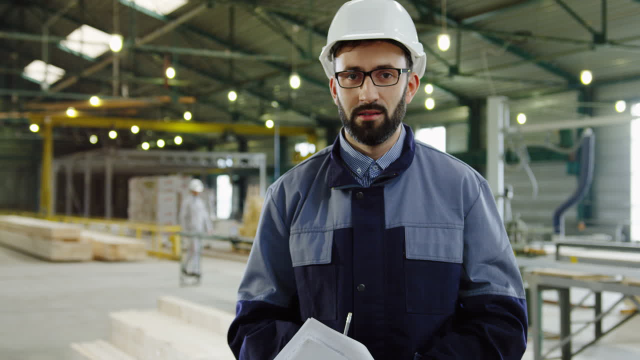 Caucasian engineer wearing helmet and glasses in a big factory