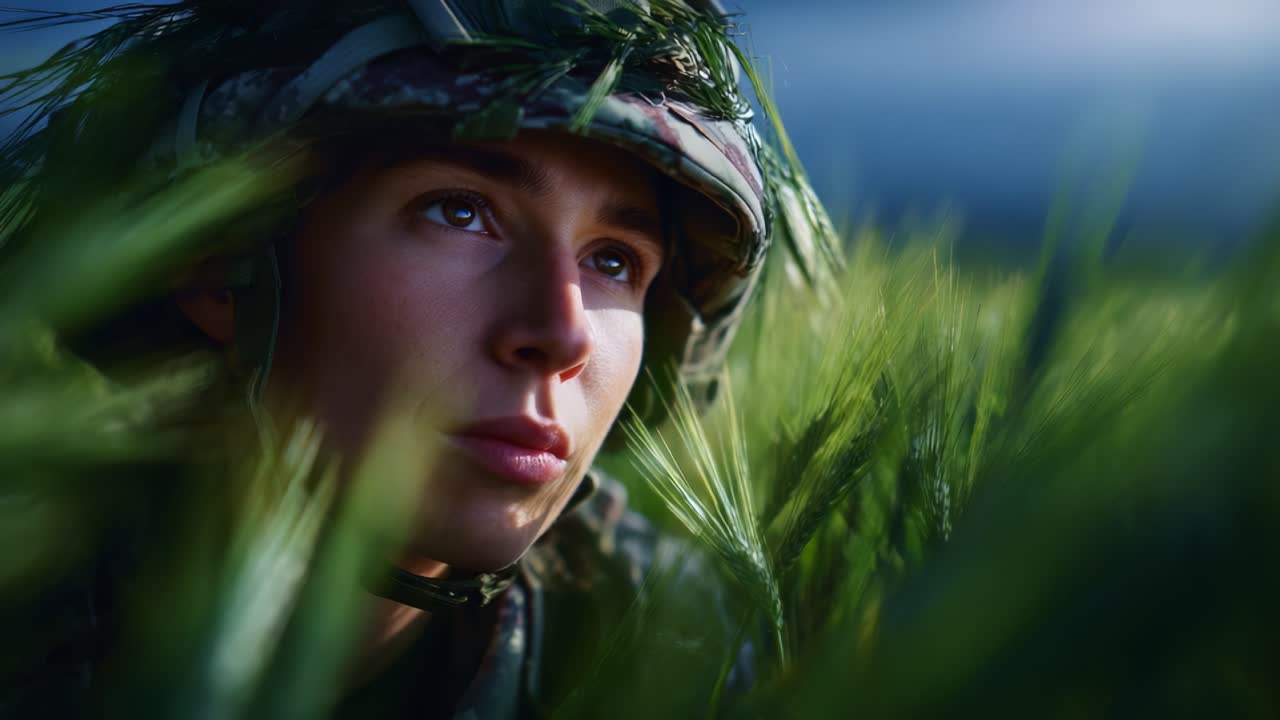A Soldier's Vigilance: Close-Up of a Soldier in Camouflage, Focused Amidst Nature's Greenery, Highlighting Concentration and Readiness for Action in the Field