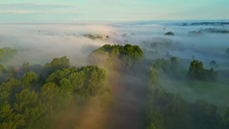 Paisaje-Rural-Cubierto-De-Niebla-Durante-Un-Hermoso-Amanecer,-Vista-Aérea