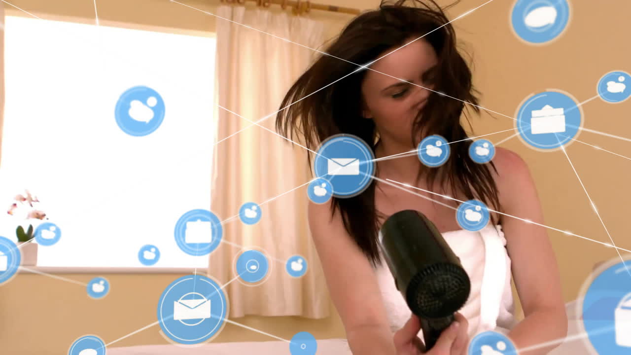 머리카락을 건조하는 백인 여성에 대한 아이콘과 연결 네트워크의 애니메이션