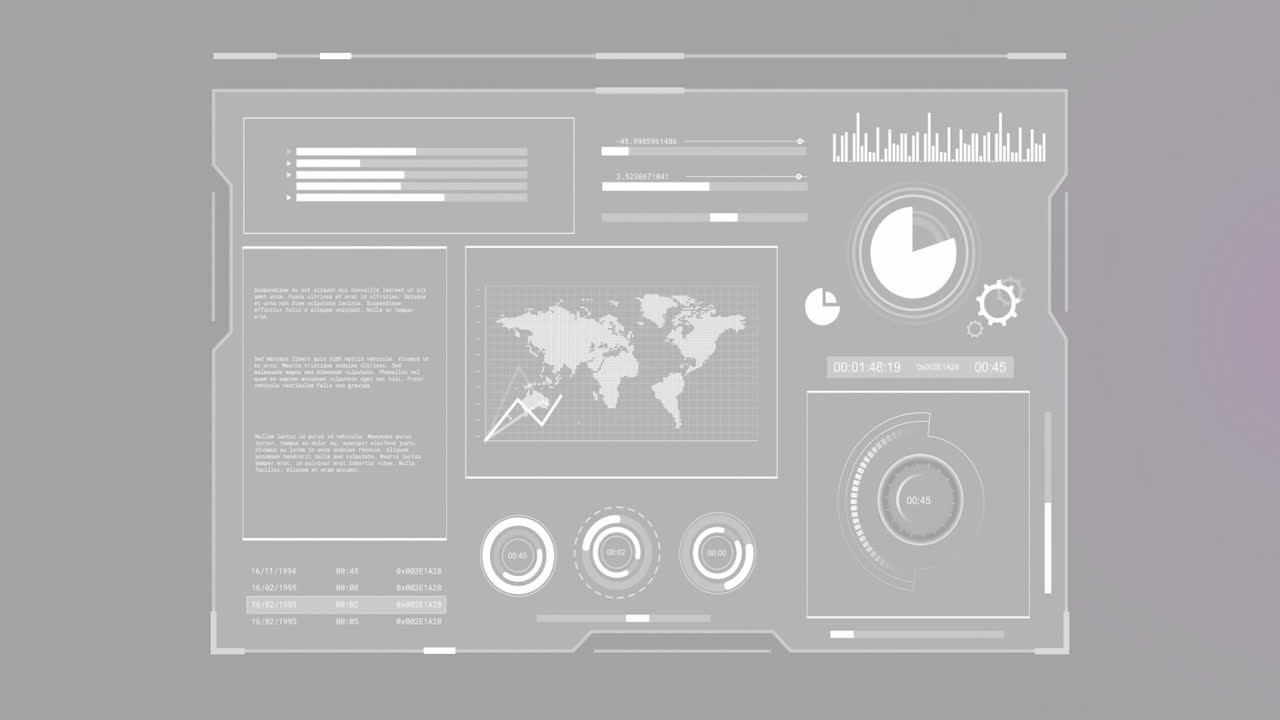 Animation of statistics and digital data processing over screen on grey background