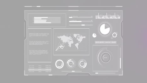 animation of statistics and digital data processing over screen on grey background