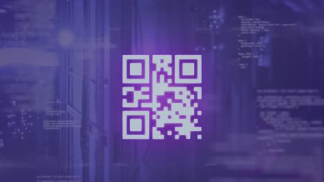 animation of qr code over computer language against server room in background