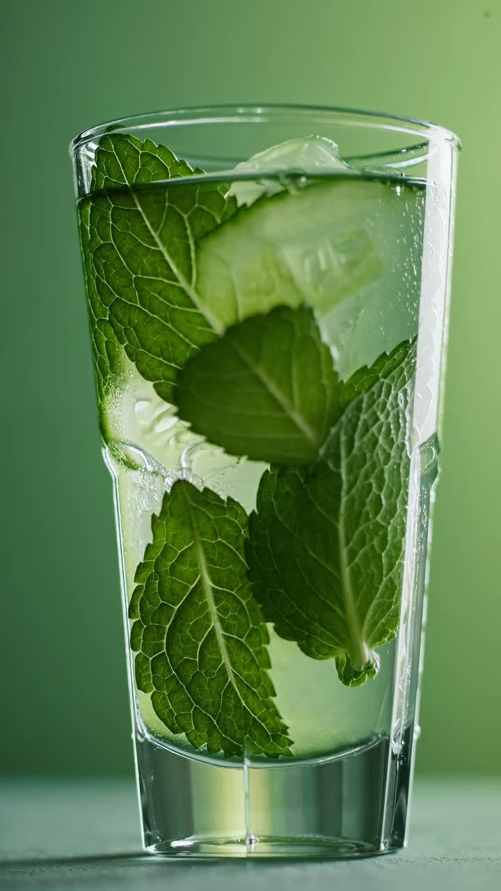 Close-up shot of a refreshing mint and cucumber drink in a glass, captured at eye level