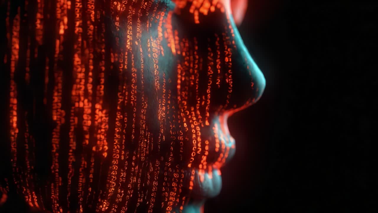 A Captivating Visual of a Human Face Merged with Glowing Red and Orange Binary Code, Representing the Intersection of Technology and Humanity in a Digital Era, Illuminating the Future of Data and Identity
