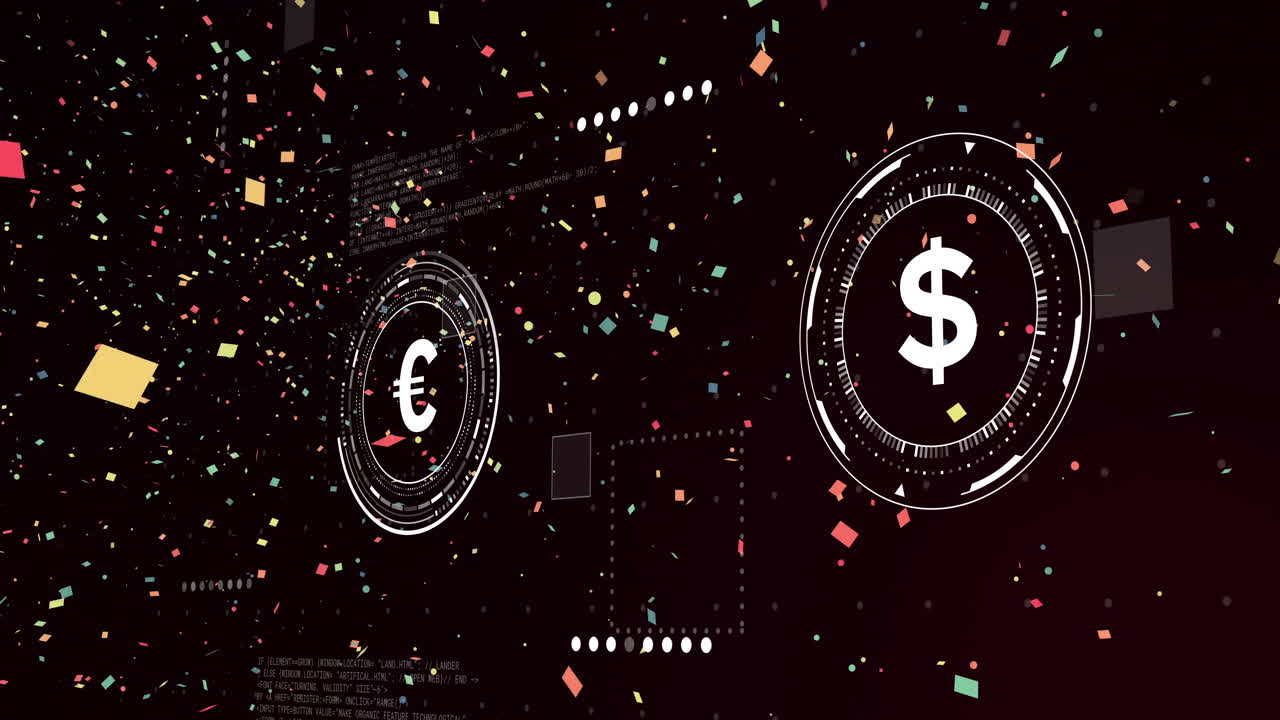 Euro to dollar currency exchange animation with colorful confetti on dark background