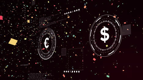 Euro to dollar currency exchange animation with colorful confetti on dark background