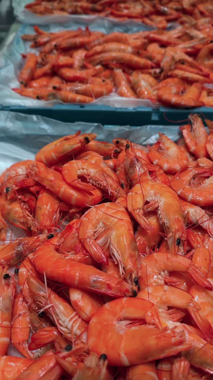 Abundance of Fresh Cooked Shrimp Displayed in a Market