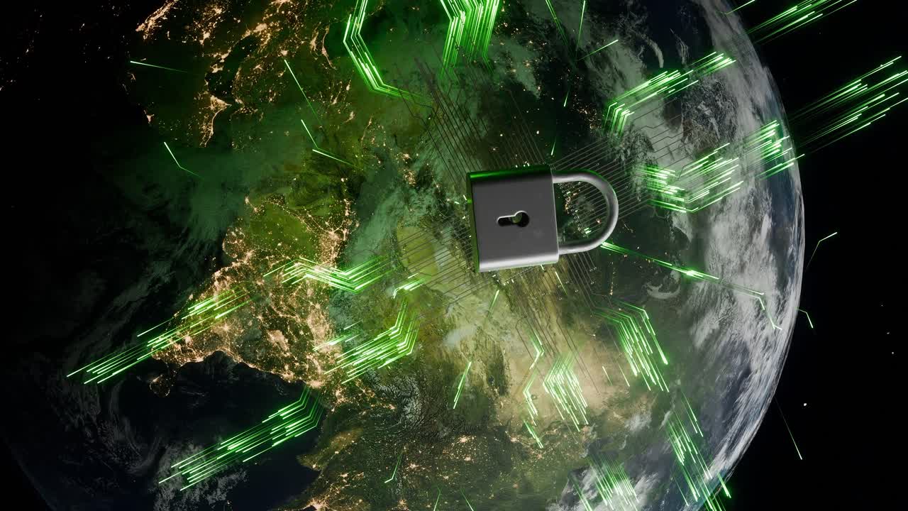 Planet Earth showing Asia and Europe from space with green cyber lock and digital network lines. Cybersecurity and global data protection concept. Global network security visualization. vertical