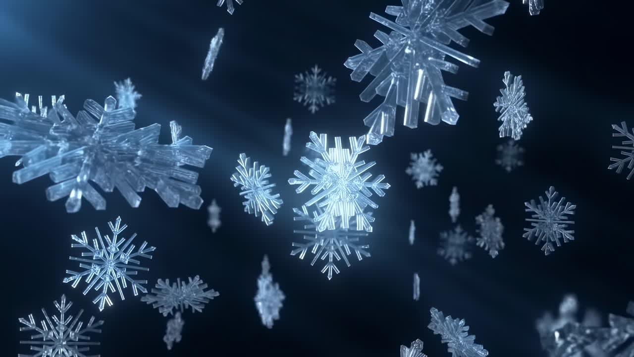 Fiocchi di neve cristallini che fluttuano attraverso il blu scuro, cristalli di ghiaccio luminosi che galleggiano in un movimento cinematografico lento con luce soffusa.